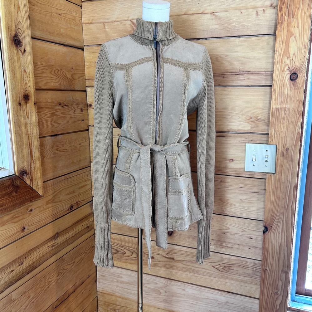 Vintage Suede Leather Knit Cardigan Jacket Womens Medium Tan Billabong Boho Y2K
